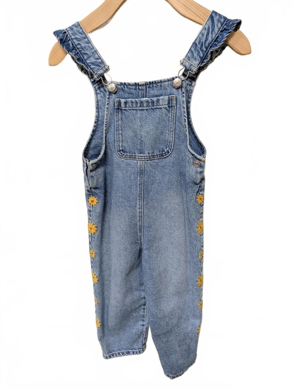 Zara Kids Denim Jean Overalls Flower Embroidery Size 3-4 Years Blue Cottagecore